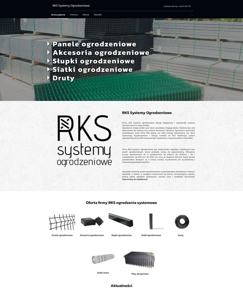 Strona internetowa dla RKS Systemy Ogrodzeniowe z czarnym nagłówkiem, dużymi stosami materiałów ogrodzeniowych i pogrubionym białym tekstem zawierającym listę produktów, takich jak panele i siatka. Poniżej znajduje się logo firmy, opis i ikony produktów ogrodzeniowych.