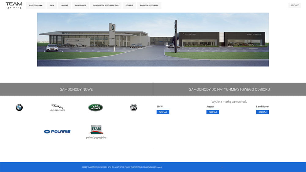 Zrzut ekranu strony internetowej salonu samochodowego z nowoczesnym budynkiem, logo samochodów (Jaguar, Land Rover, BMW, Polaris) oraz sekcjami dla nowych samochodów i pojazdów gotowych do odbioru. Menu nawigacji znajduje się na górze.